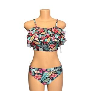 Tahari Womens Tropical Floral Ruffle Two Piece‎ Swimsuit NWT Size S
